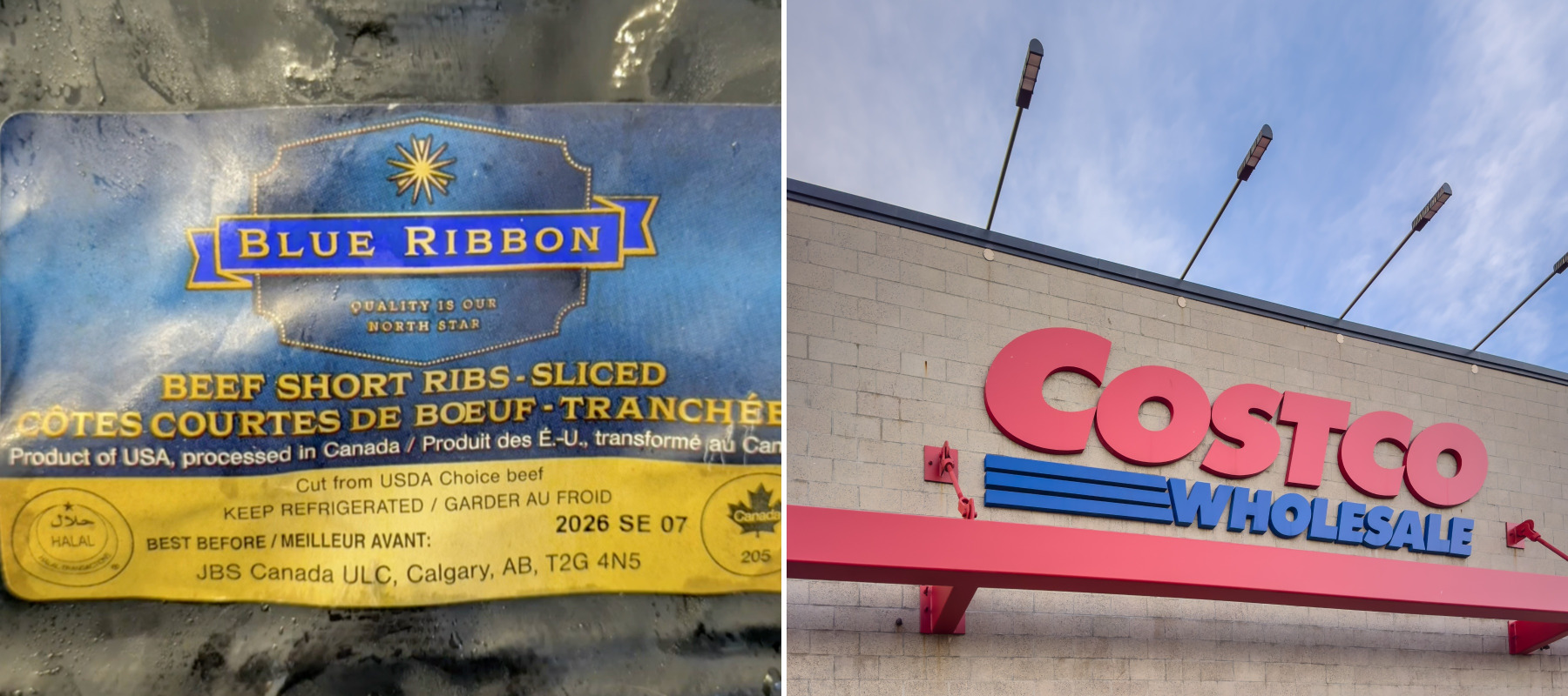 Picture of mislabelled Canadian beef beside a photo of a Costco storefront