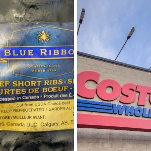 Picture of mislabelled Canadian beef beside photo of Costco storefront