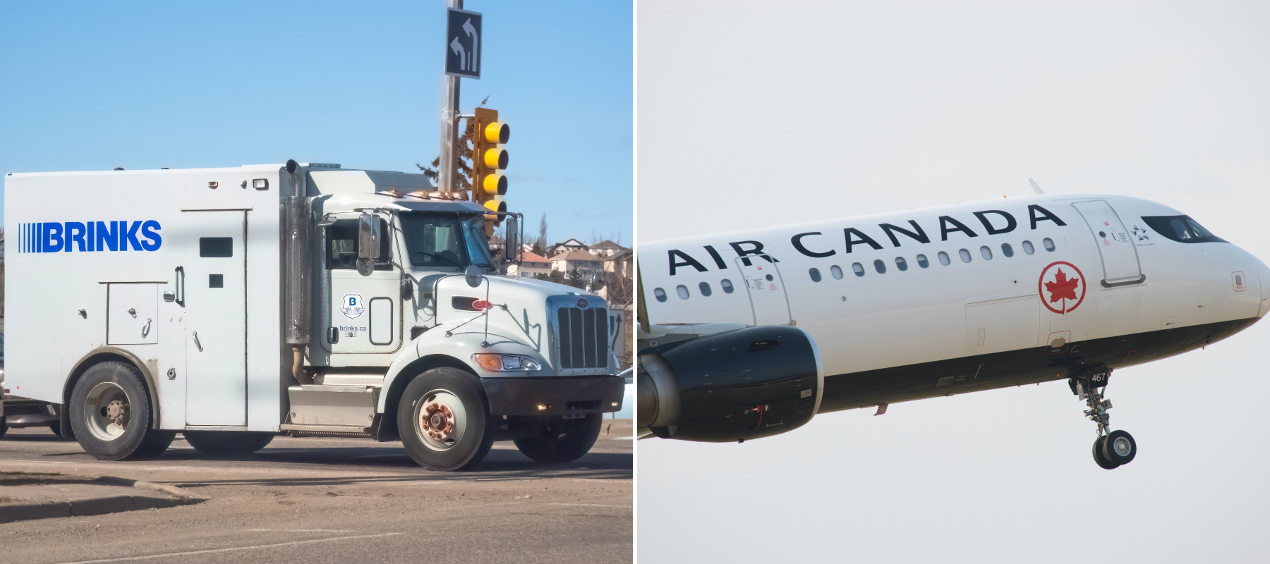 Picture of Brink's truck next to a photo of Air Canada plane in takeoff