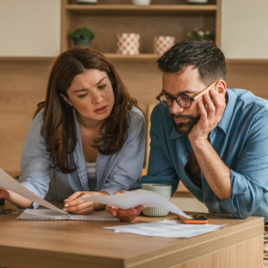 Young couple reviewing finances looking stressed