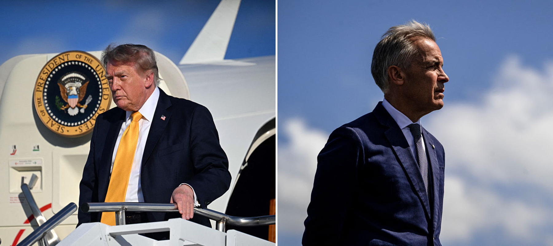 Donald Trump exiting a plane and Mark Carney speaking at an event