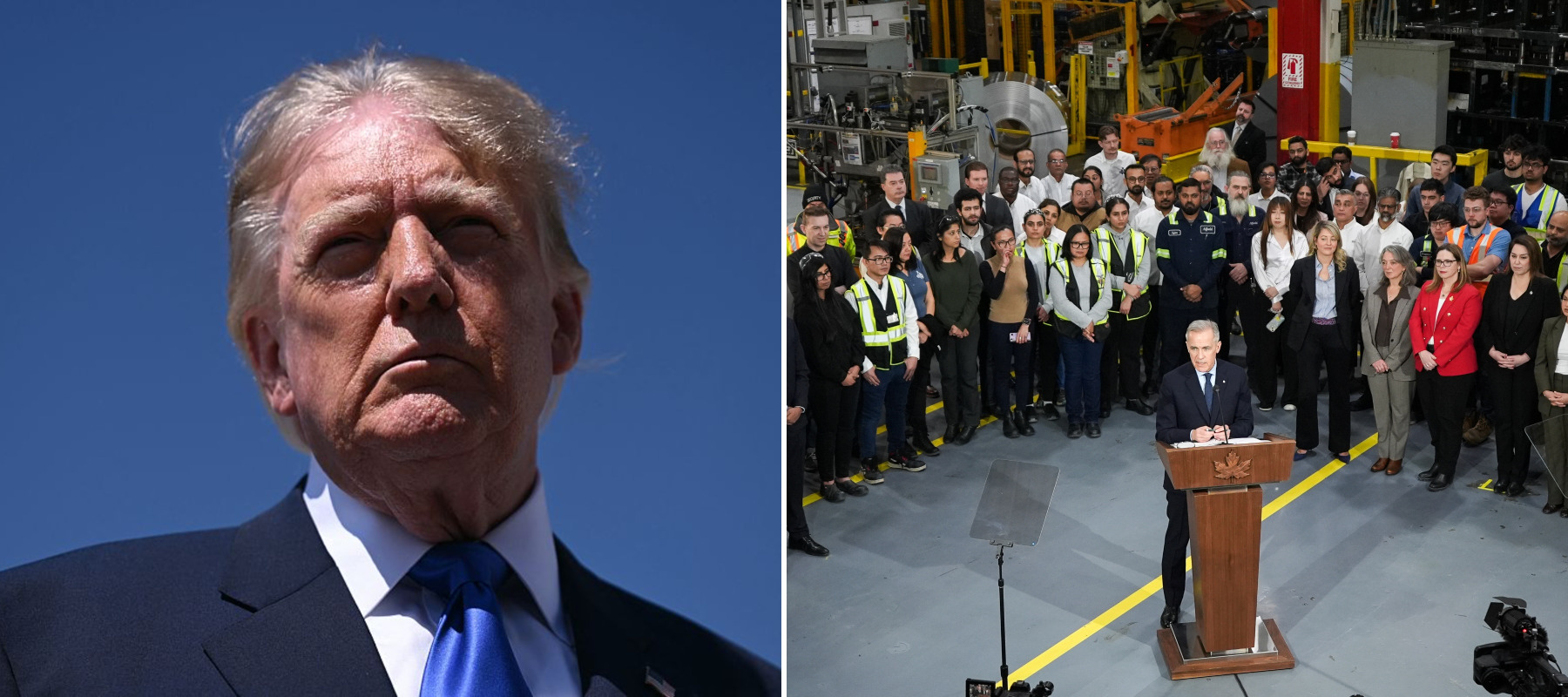 An image of Donald Trump beside an image of Mark Carney visiting a manufacturing plant