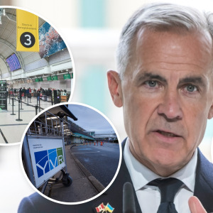 Prime Minister Mark Carney + images of Toronto, Vancouver, Calgary and Montreal airports