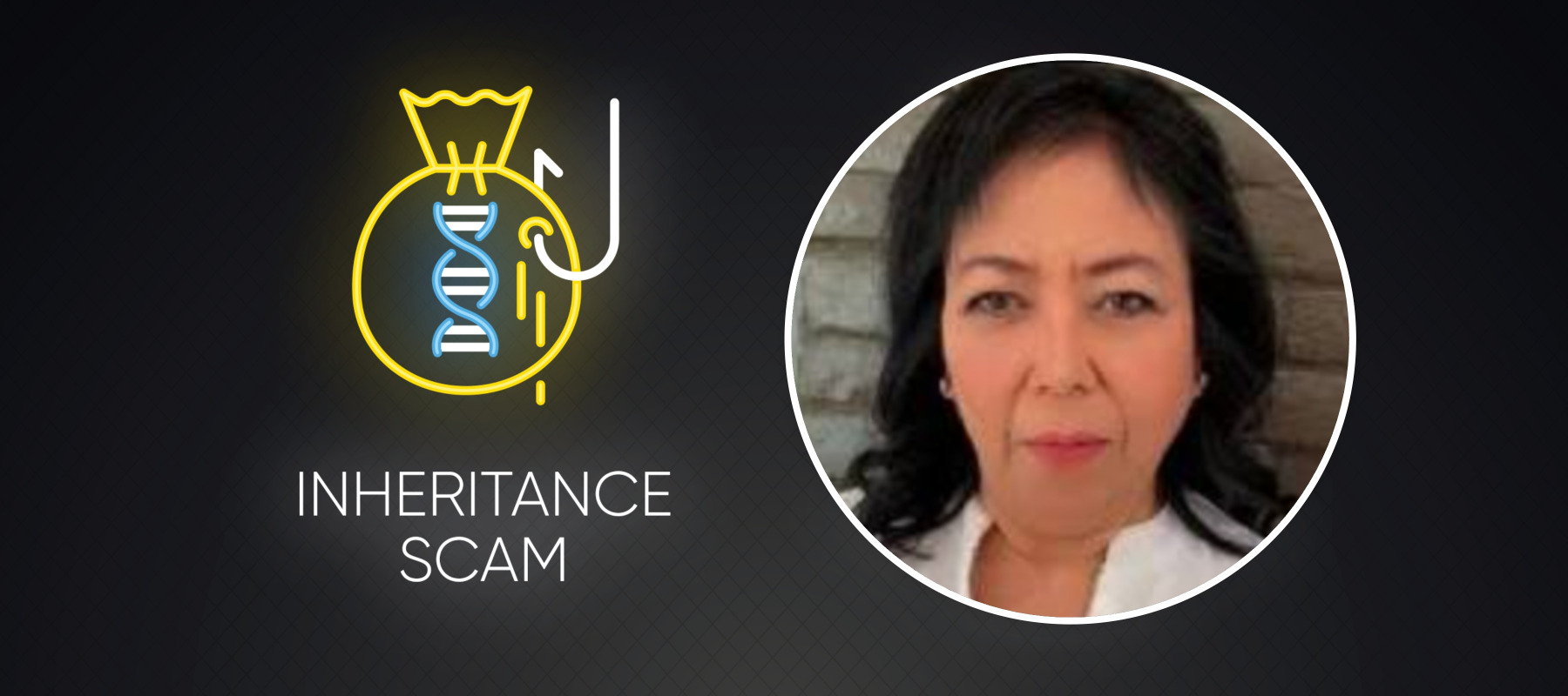 Neon icon of an inheritance scam + Headshot of Josephine Sudario