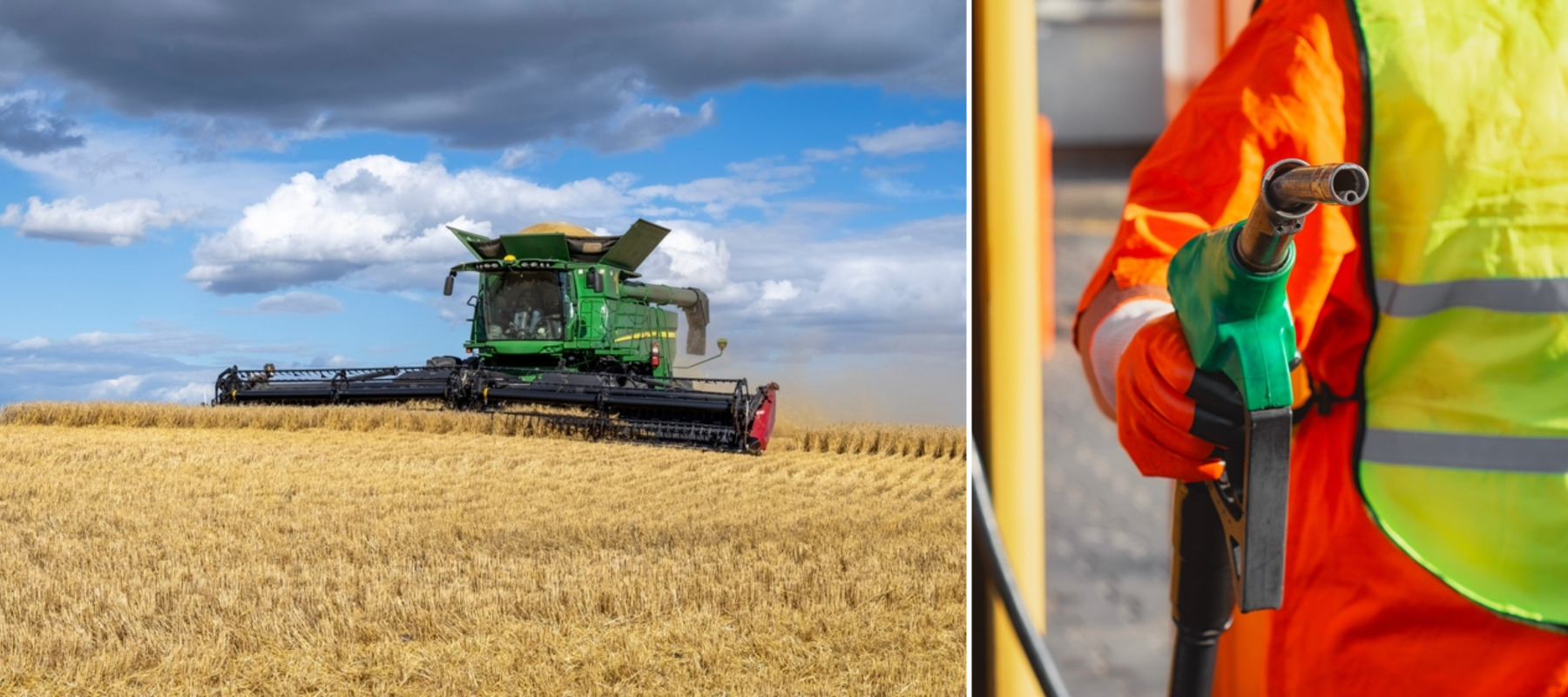 Large green combine harvesting grain crop in the Canadian prairie + Gas station worker holding fuel pump