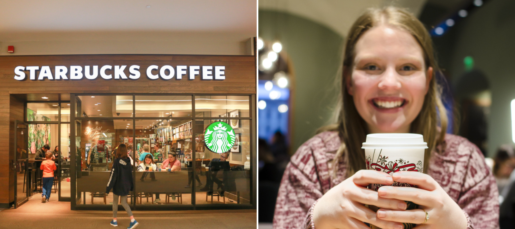 New Jersey Starbucks Coffee store front + Young blond woman drinking from Starbucks disposable cup