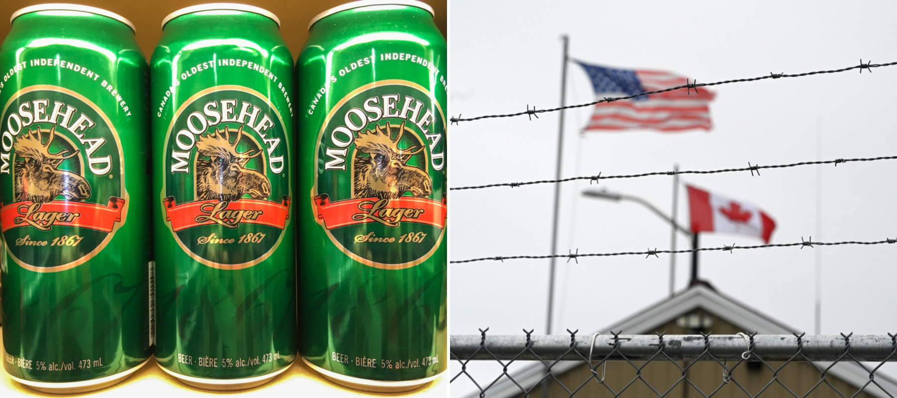 Cans of Moosehead Lager on a retail liquor store shelf + US and Canadian flag near the border symbolizing trade war