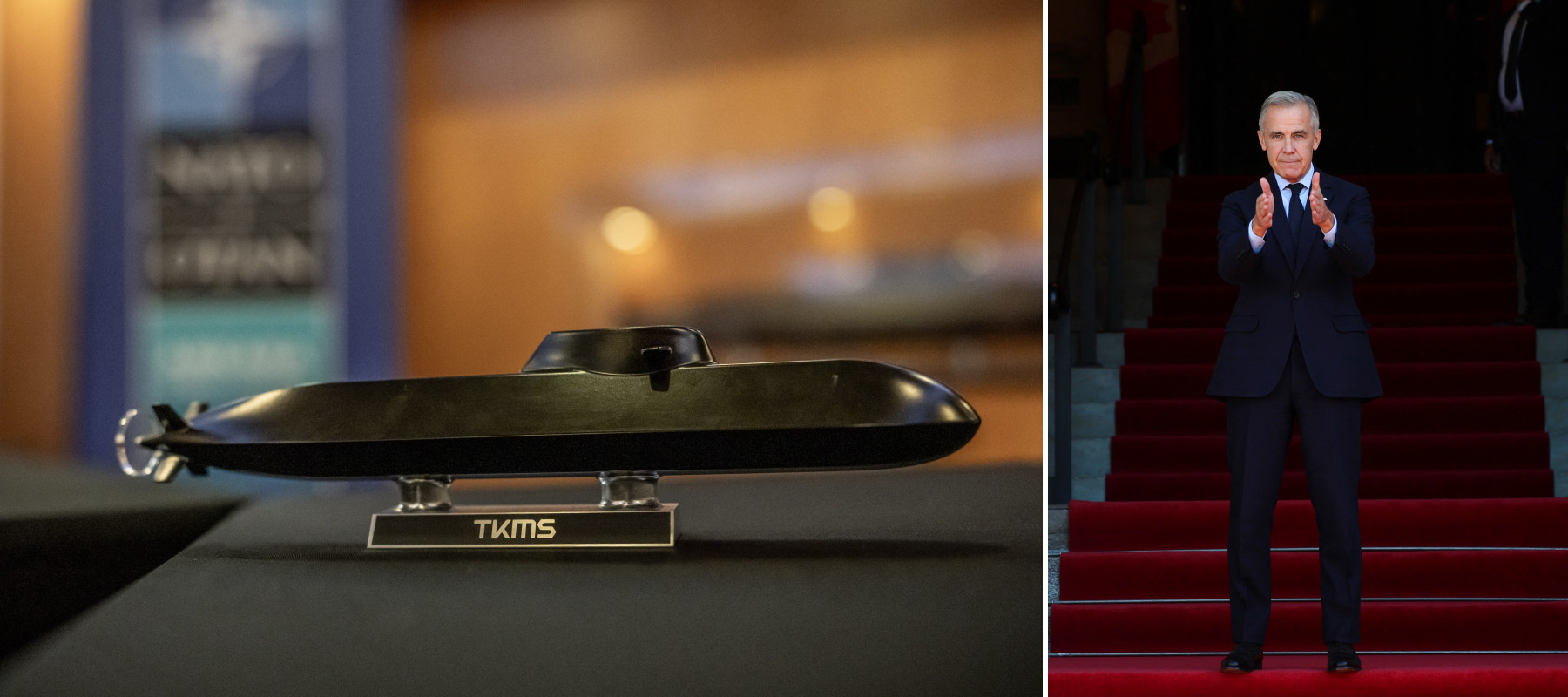 A model TKMS submarine is on display during a meeting on the sale to Canada, Mark Carney before greeting Vietnamese President