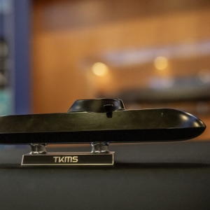 A model TKMS submarine is on display during a meeting on the sale to Canada, Mark Carney before greeting Vietnamese President
