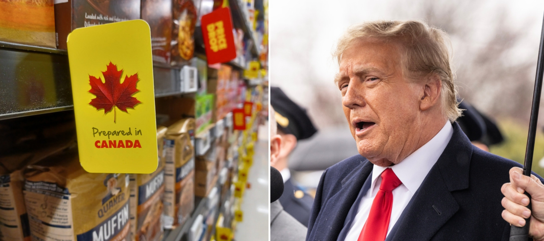 Buy Canadian signs in grocery stores + President Donald Trump