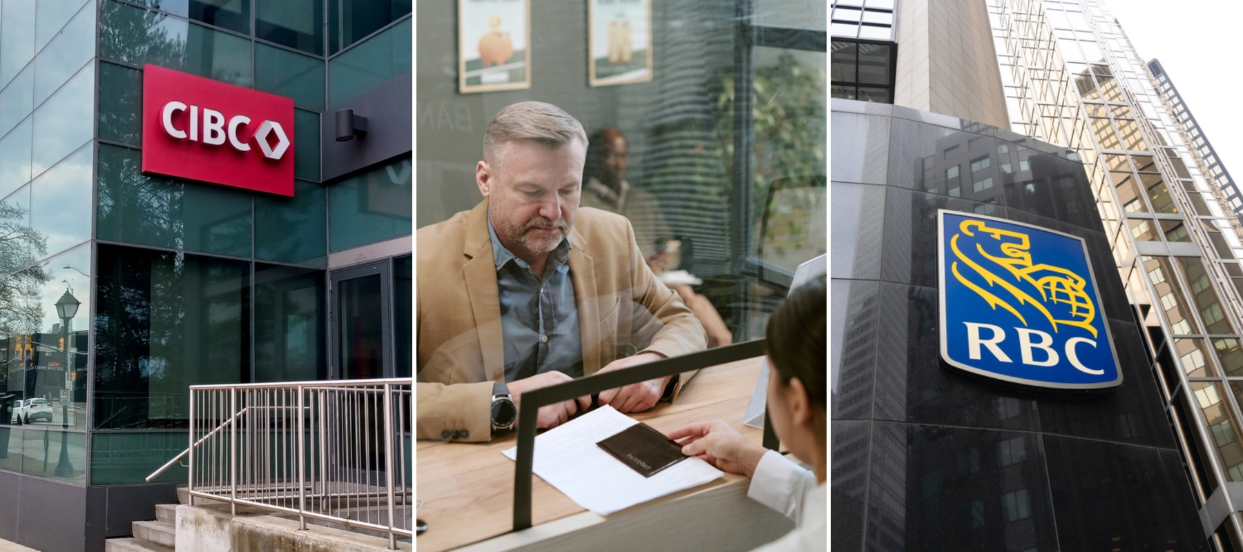 RBC (Royal Bank of Canada) headquarters in Toronto, Canada + Man talking to bank teller + CIBC (Canadian Imperial Bank of Commerce) in Toronto