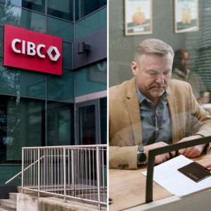 RBC (Royal Bank of Canada) headquarters in Toronto, Canada + Man talking to bank teller + CIBC (Canadian Imperial Bank of Commerce) in Toronto