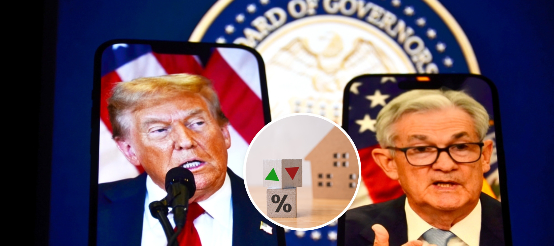 President Trump and Fed Reserve Chair Jerome Powell + mortgage rate concept