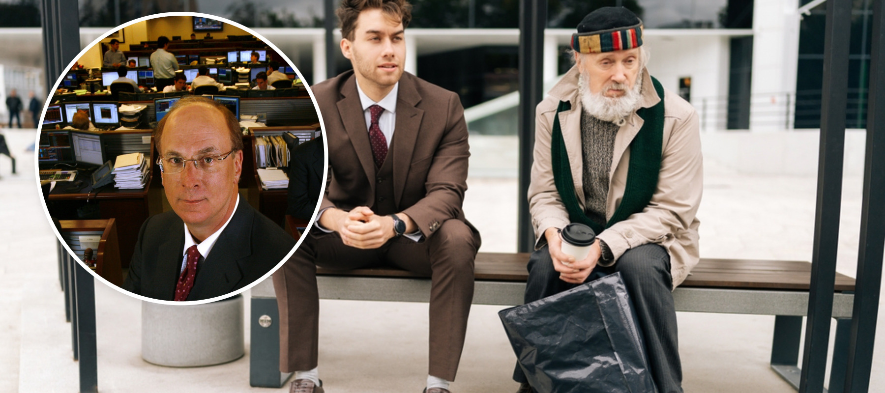 (Inlay) Larry Fink, CEO of BlackRock Inc. + Young business man and older retired man sitting outside