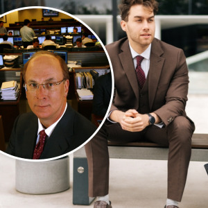 (Inlay) Larry Fink, CEO of BlackRock Inc. + Young business man and older retired man sitting outside