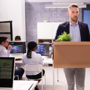 Employee losing his job and packing up his desk and leaving