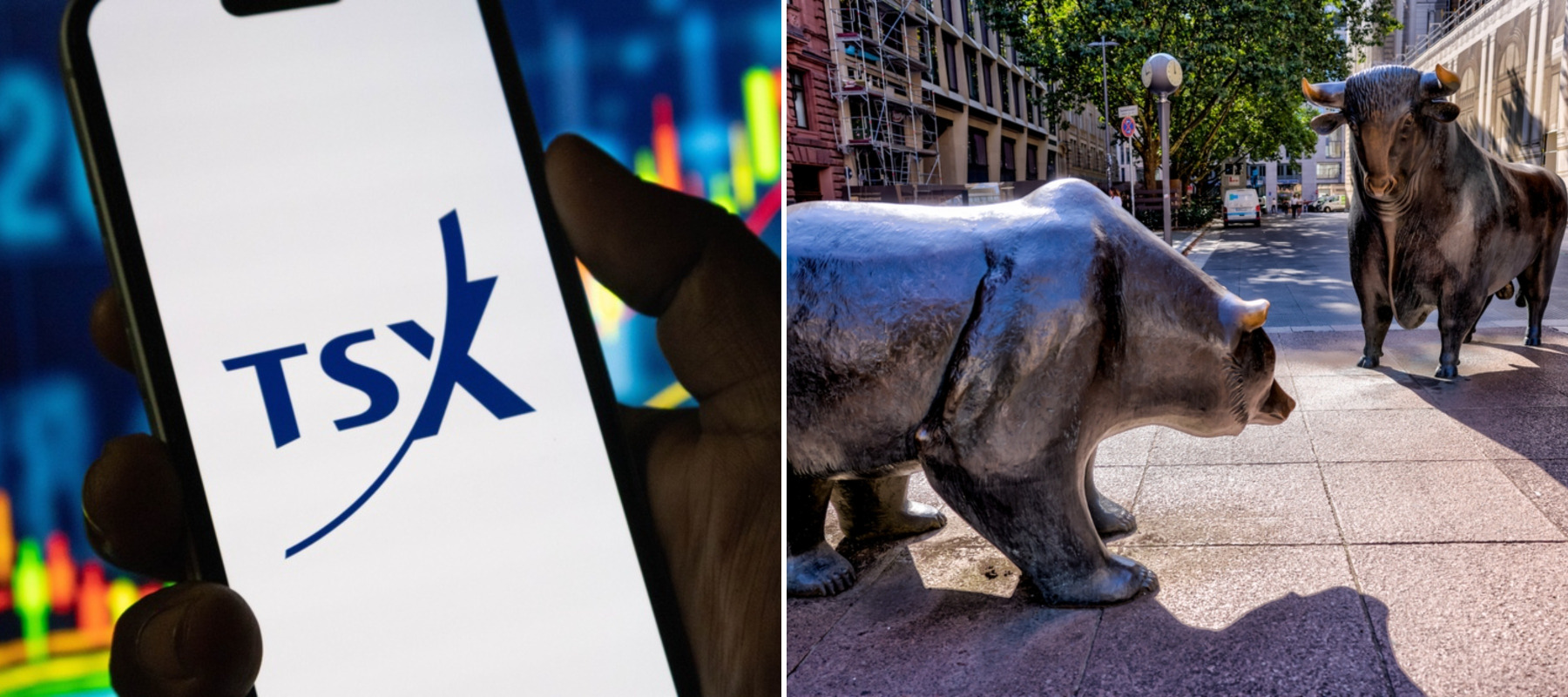 Image of TSX on a mobile phone + Bull and Bear sculptures by Reinhard Dachlauer in front of the Frankfurt, Germany stock exchange building
