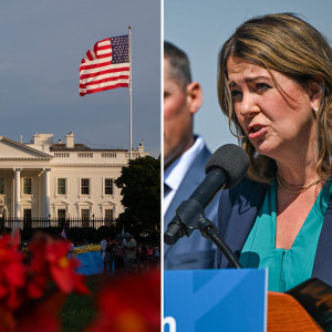 Banner at an Alberta Separatist event + White House + Alberta Premier Danielle Smith