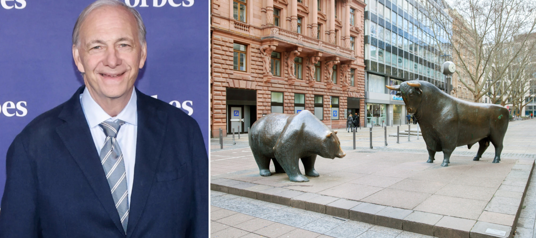 Ray Dalio posing for cameras + Bronze bear and bull statue at "Boerse" (Frankfurt, Germany stock exchange)