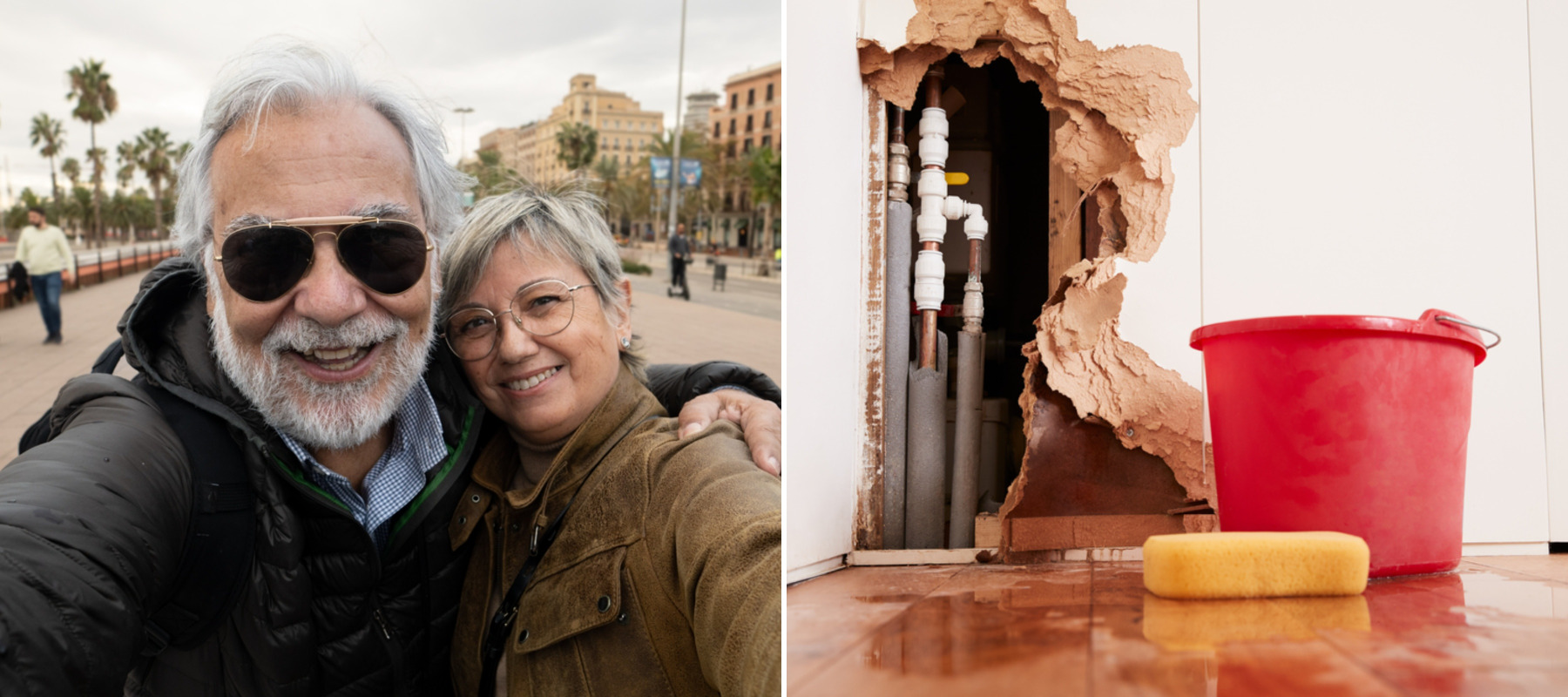 Retired couple having fun on vacation + damaged wall, exposed burst water pipes, sponge and bucket
