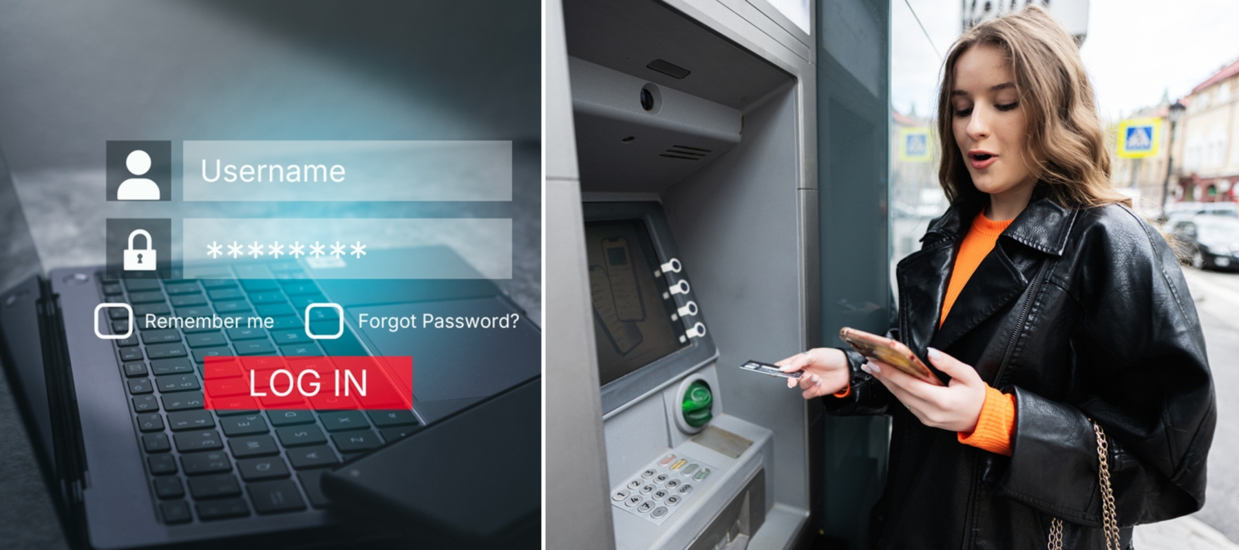 Log in screen concept + Young woman at an ATM looking shocked at her phone