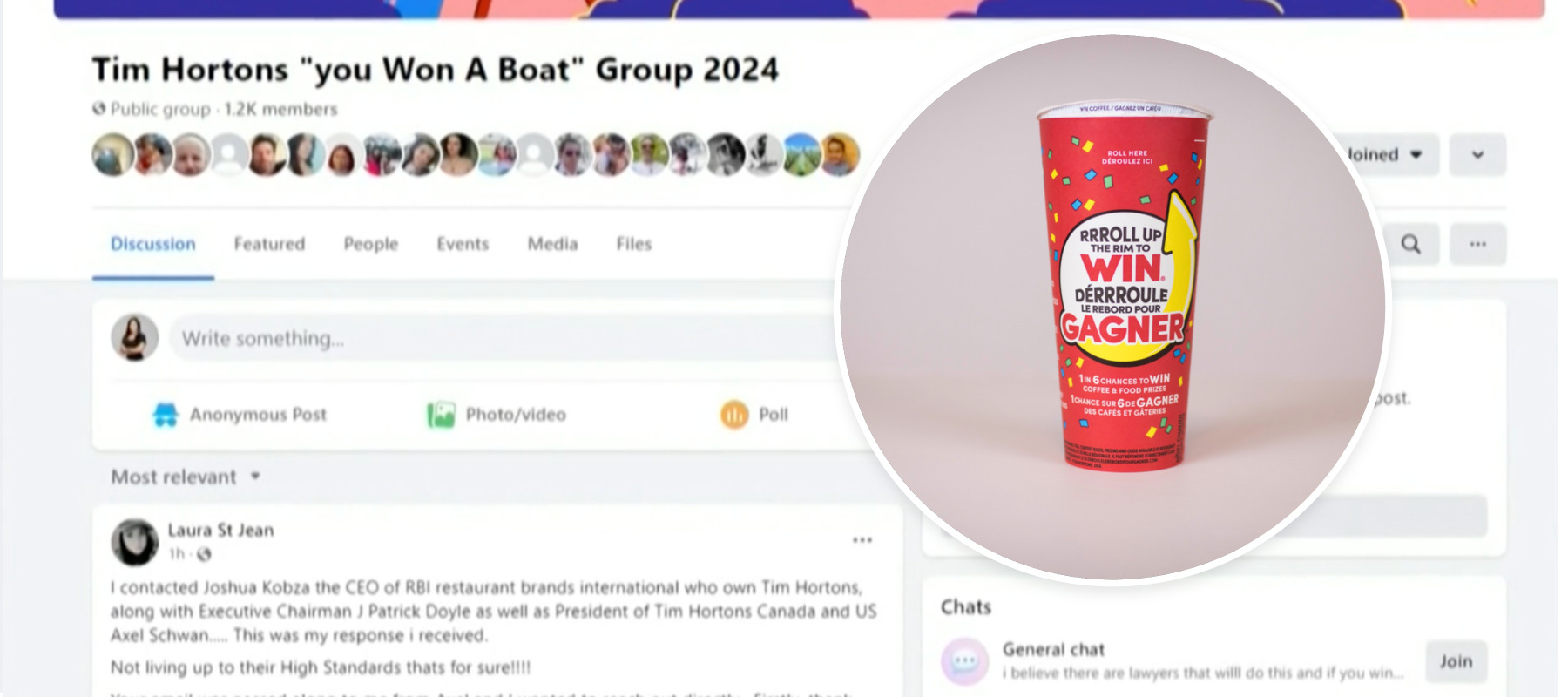 Image of a facebook group, image of a Roll Up to Win cup