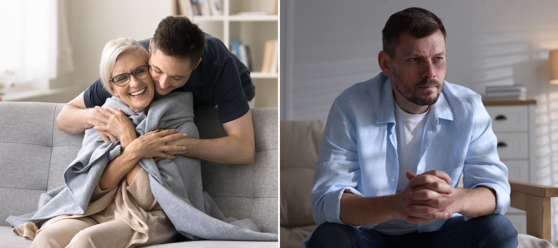 man holding mom next to image of depressed man