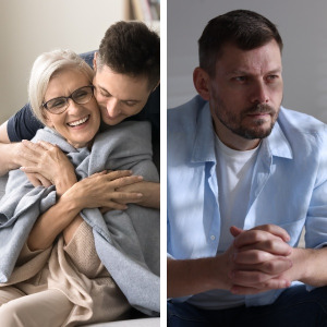 Man holding mom next to image of depressed man