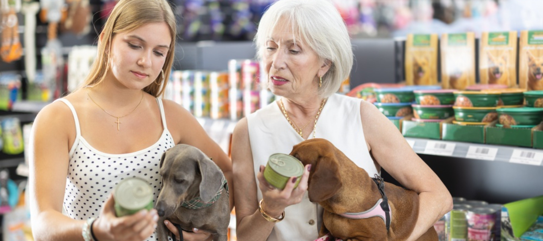 Grown adult child and mother compare prices on dog food