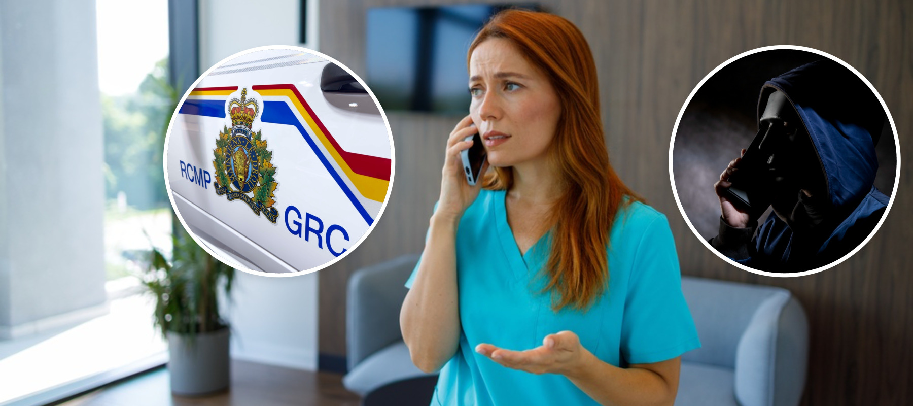 Woman looking panicked on phone with an image of a scammer and RCMP cruiser beside her