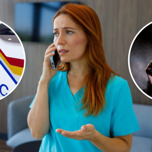 Woman looking panicked on phone with an image of a scammer and RCMP cruiser beside her