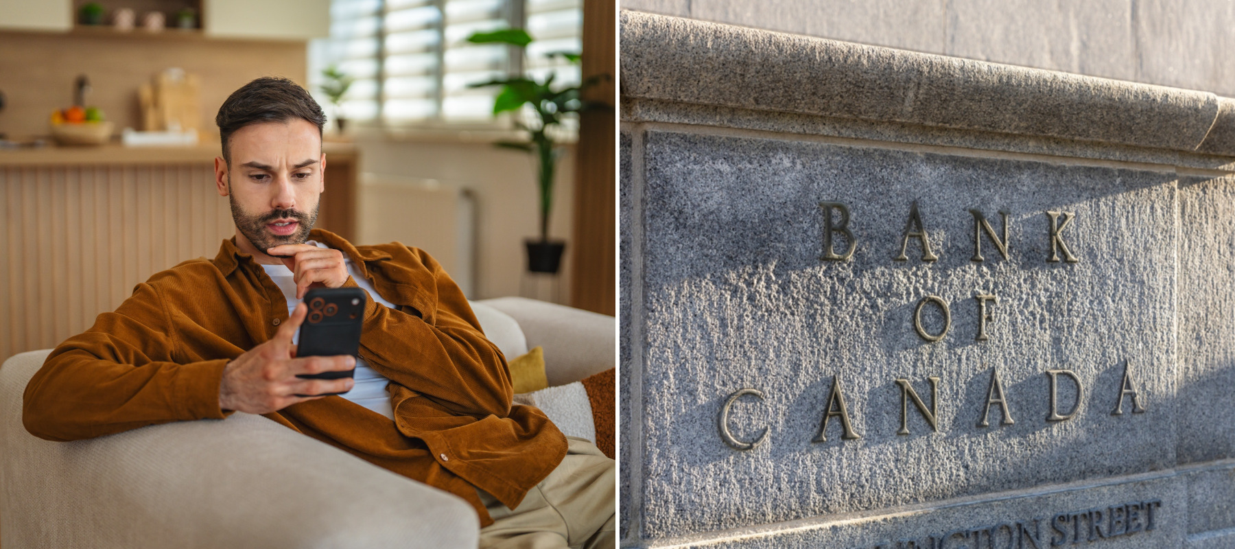 Man looking on smartphone, image of Bank of Canada building