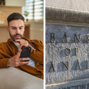 Man on smartphone, image of Bank of Canada building