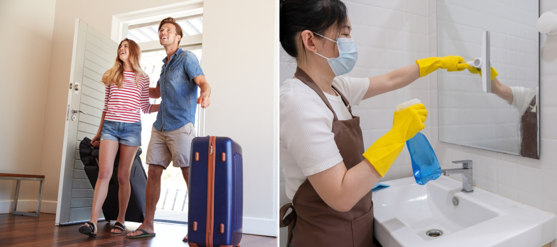 Young couple checking into rental property, woman cleaning bathroom