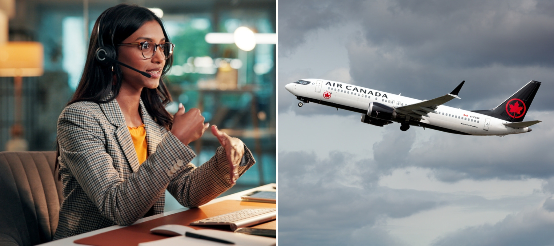 Woman on phone at call centre, Air Canada plane in flight