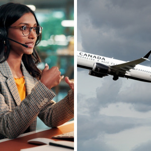 Woman working in call centre, Air Canada plane in flight