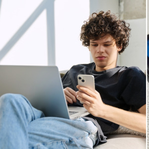 Young man using cellphone, Onlyfans open on cellphone