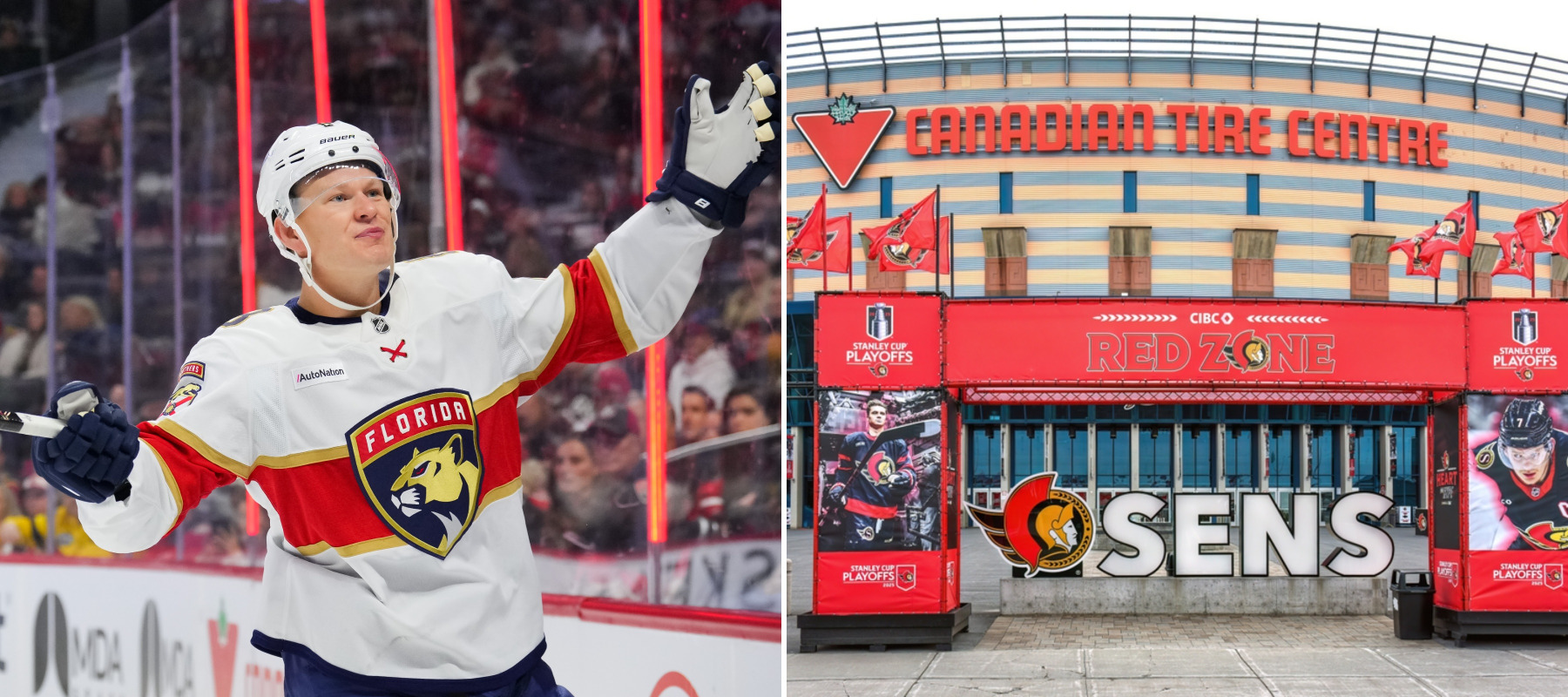 Brady Tkachuk, former Ottawa Senators NHL player + Ottawa Senators create a playoff display for their fans Canadian Tire in Kanata, Ontario