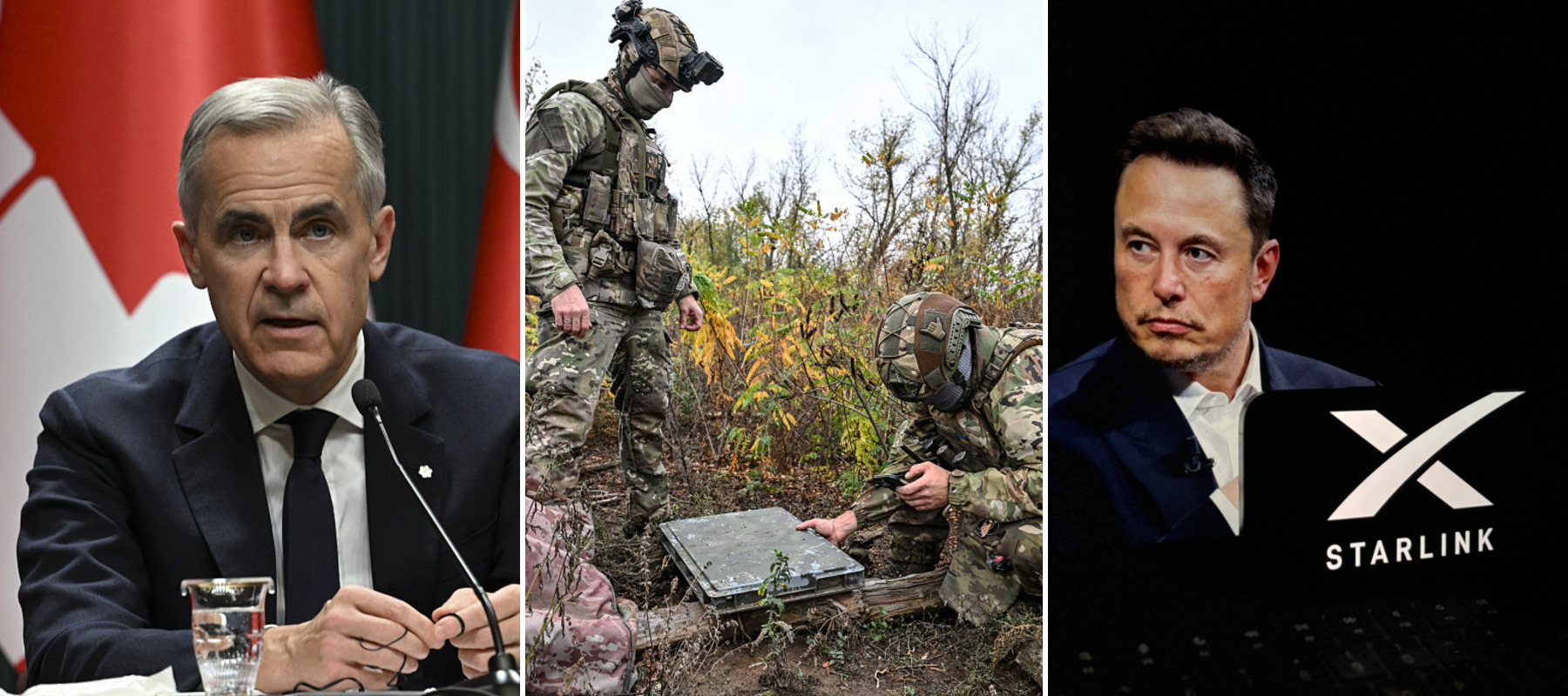 Prime Minister Mark Carney in Turkey, Oct. 2026 + Ukrainian National Police officers set up Starlink terminal in Donetsk region + Elon Musk with Starlink logo