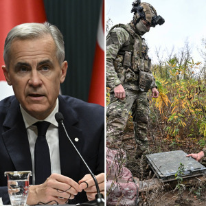 Prime Minister Mark Carney in Turkey, Oct. 2026 + Ukrainian National Police officers set up Starlink terminal in Donetsk region + Elon Musk with Starlink logo