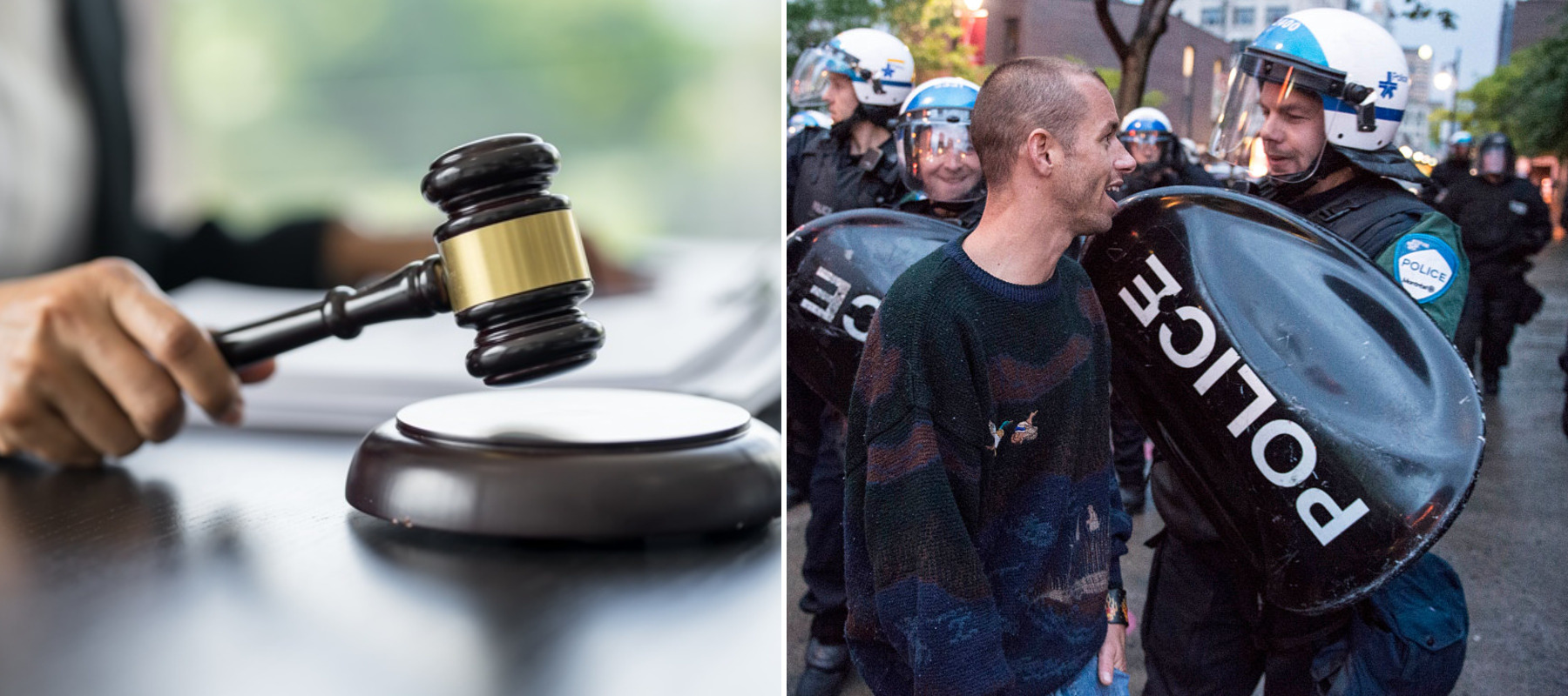 Judges gavel and protesters interacting with Montreal police
