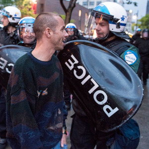 Judges gavel and protesters interacting with Montreal police