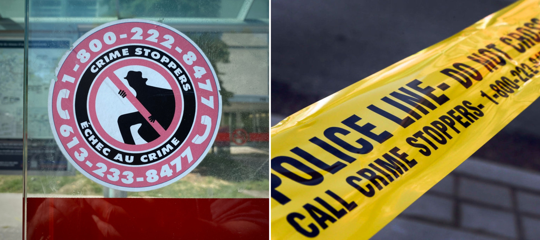 Crime Stoppers sign, police yellow tape