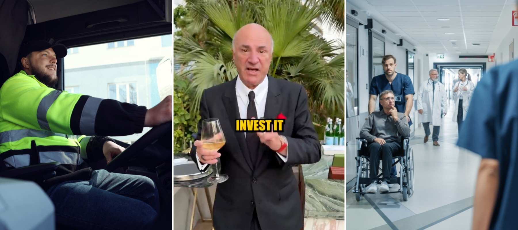 Long-haul truck driver + Kevin O'Leary on X + nurses helping patients in a hospital