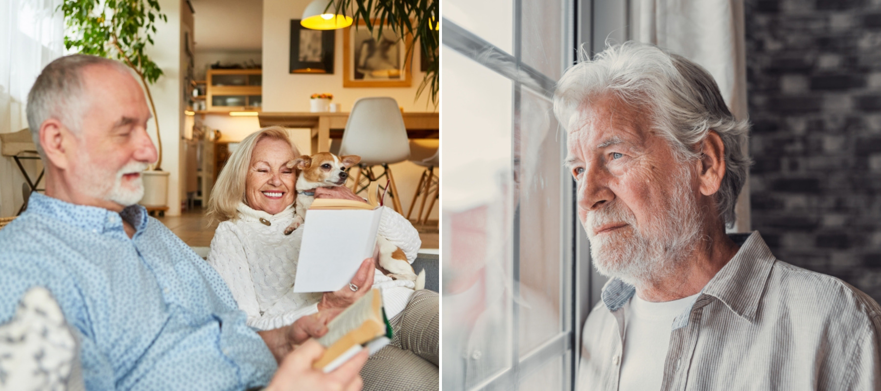 Happy retired couple laughing and reviewing paperwork + Lonely retiree looking out a window