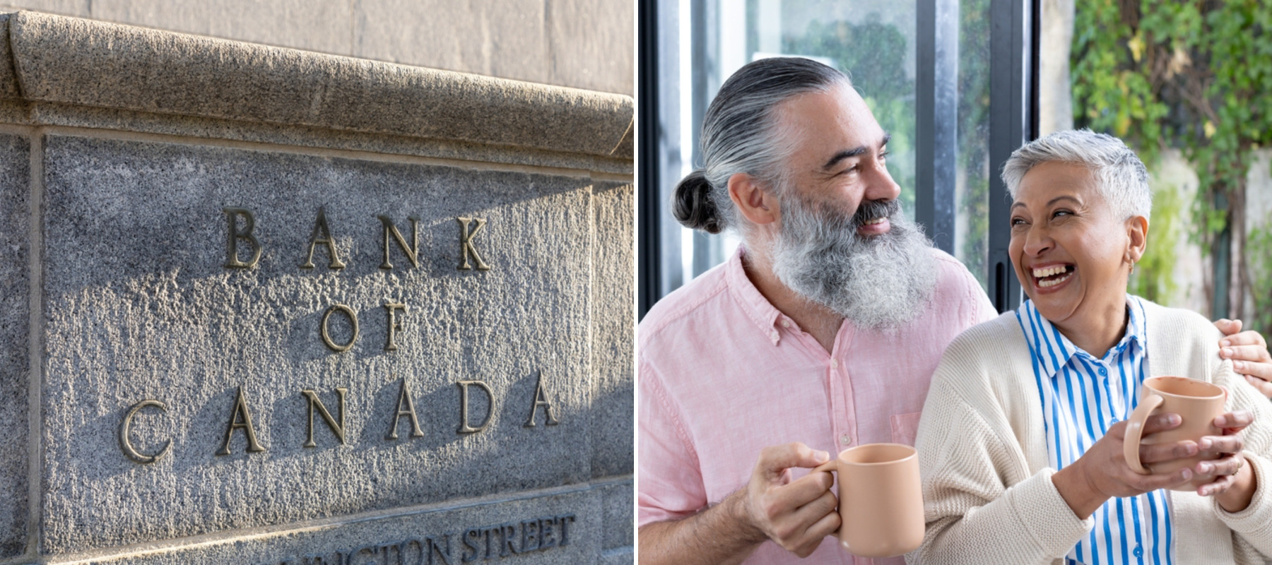Bank of Canada building + Happy retired couple drinking coffee