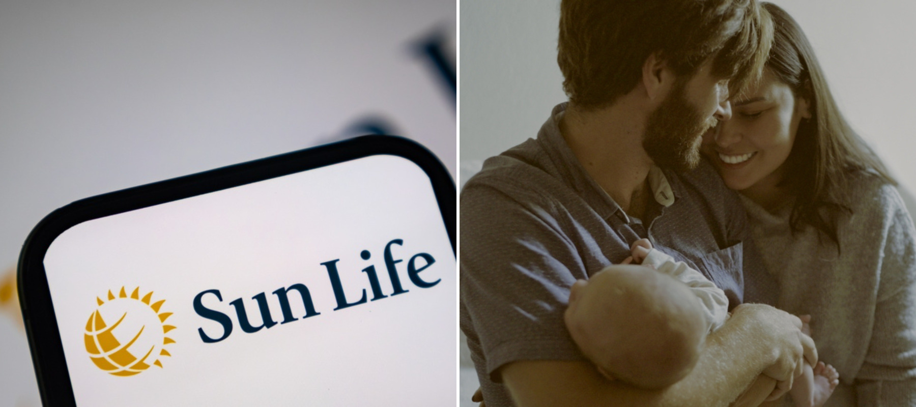 Sun Life logo on smartphone + Sepia-style photo of a young family