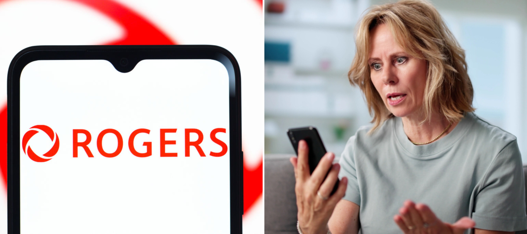Rogers logo and woman frustrated with data issues