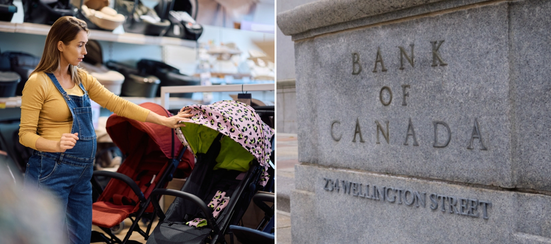 Young pregnant woman buying baby stroller + Bank of Canada building
