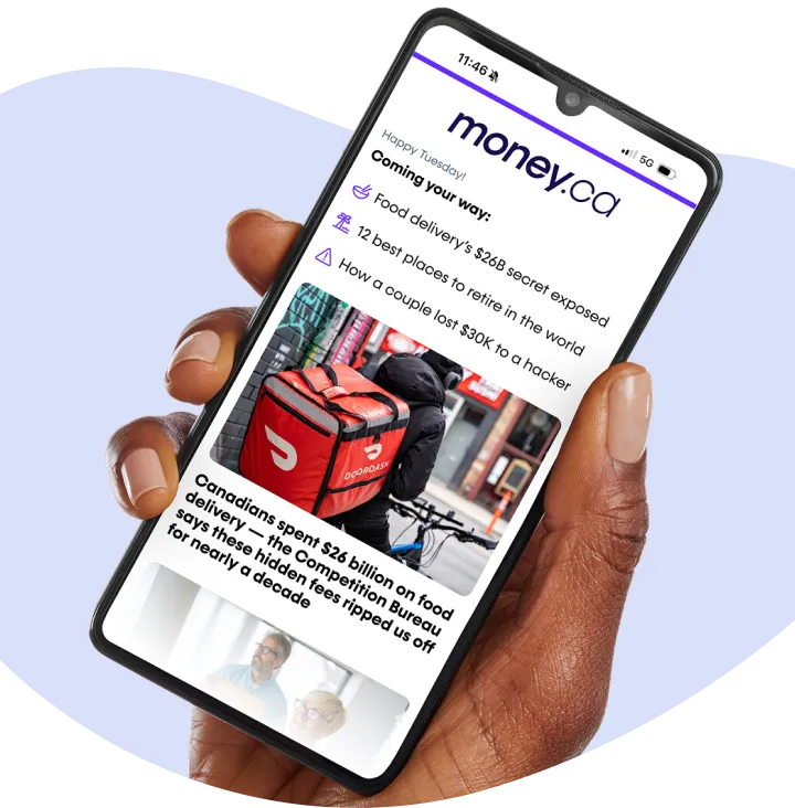 An image showing a hand carrying a phone displaying an article frommoney.ca